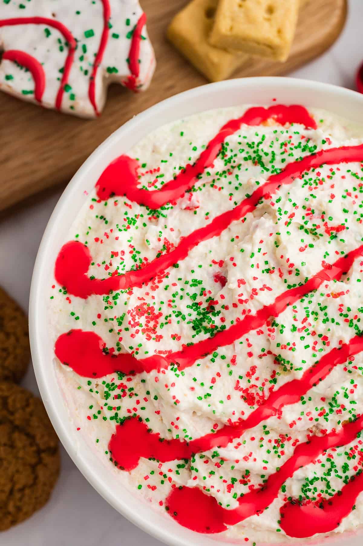 Little Debbie Christmas tree dip in white bowl.