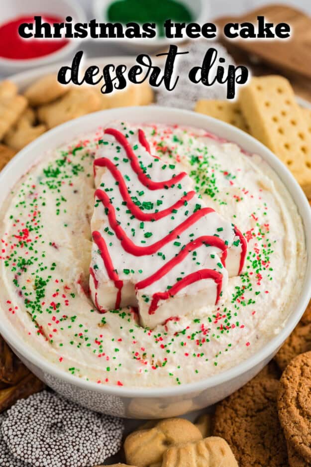 Little Debbie Christmas tree dip in white bowl.