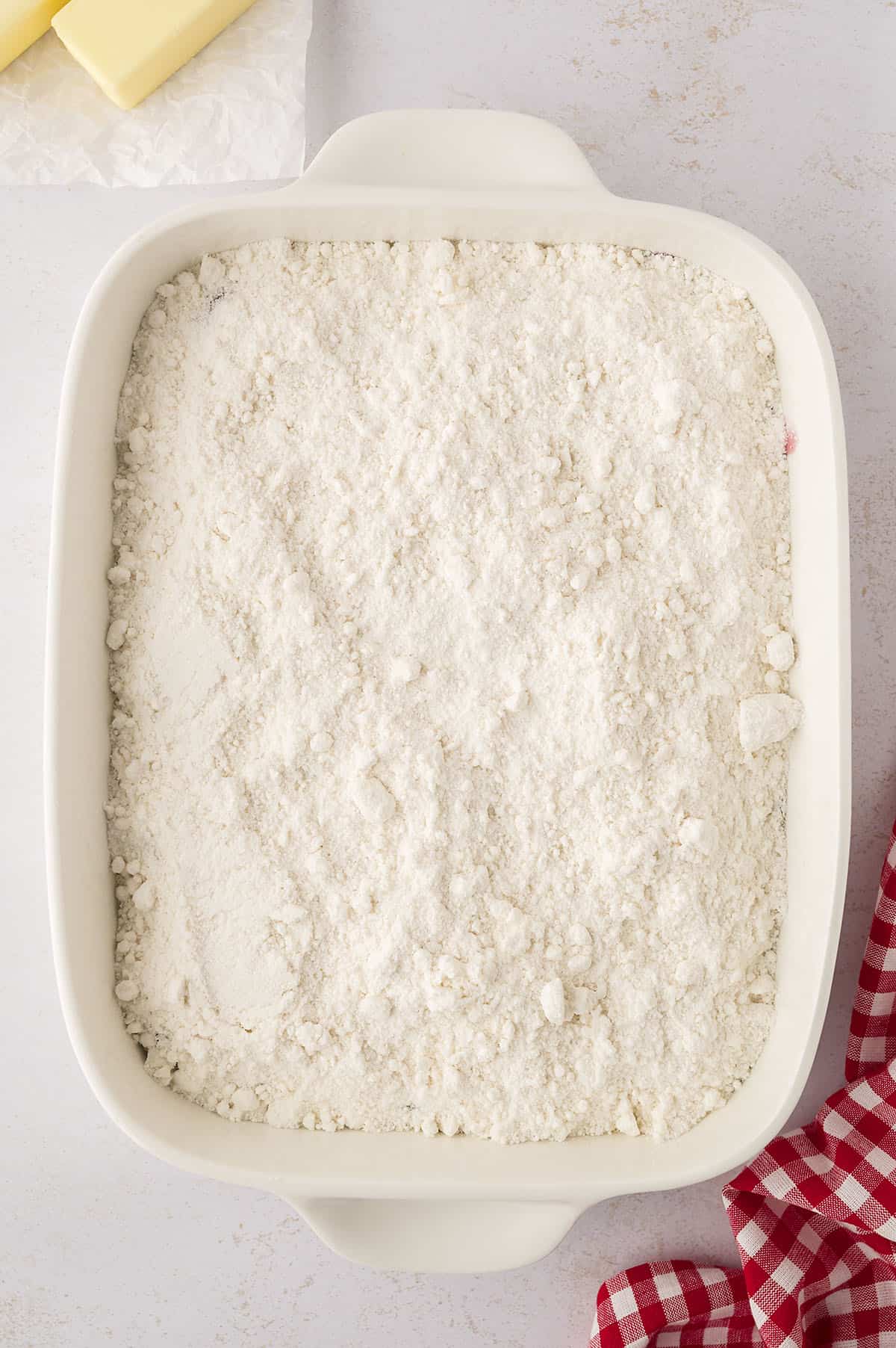 Cake mix in a baking dish.