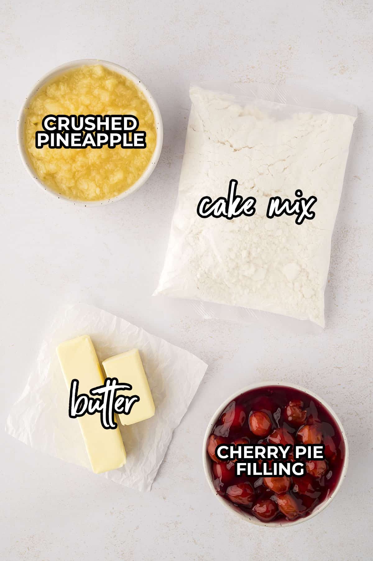 Ingredients for pineapple cherry dump cake.