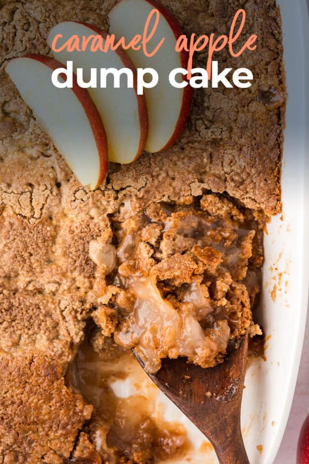 Caramel apple dump cake in dish.