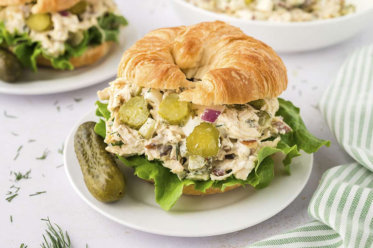 Chicken salad croissant sandwich on plate with pickle.