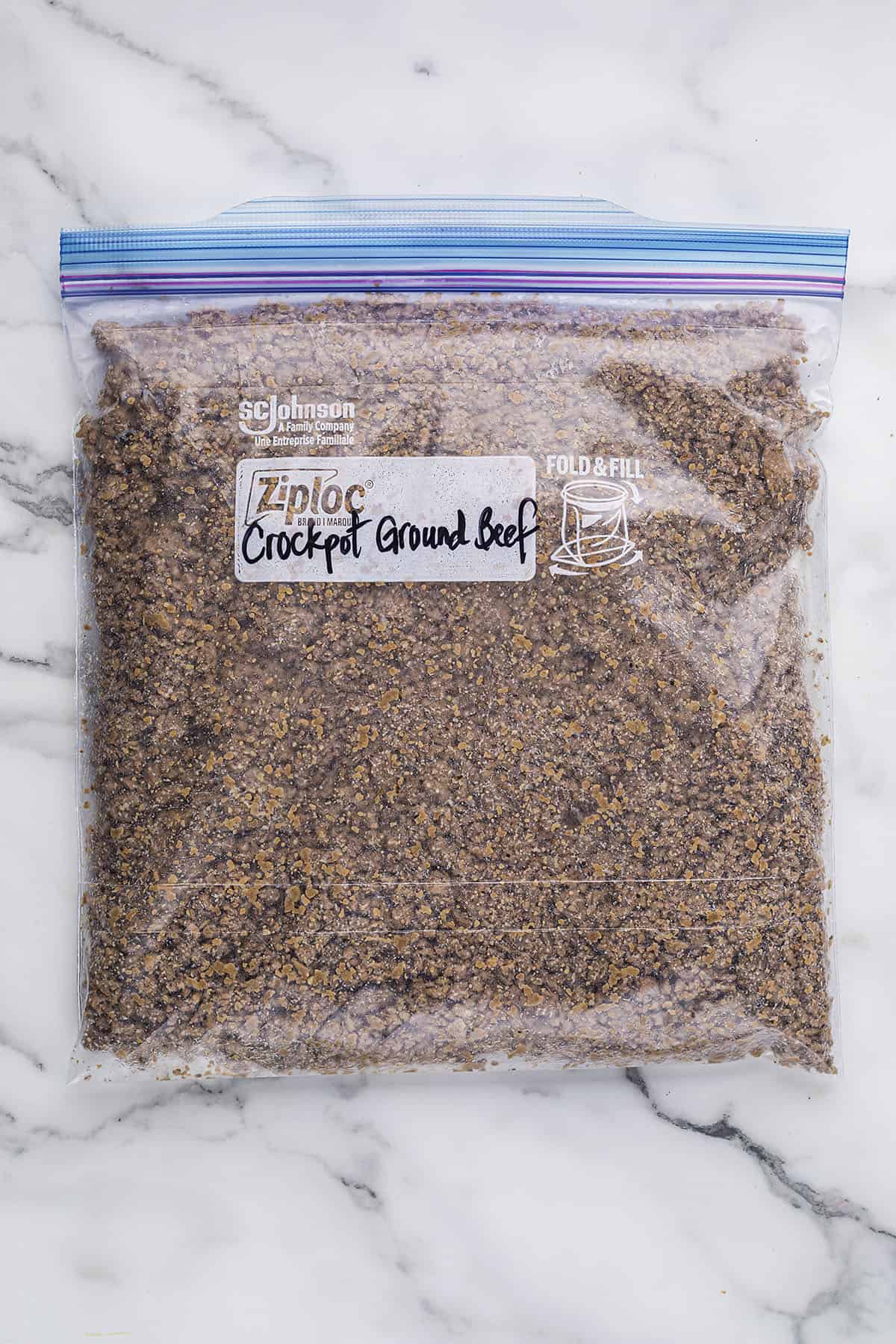 Ground beef in freezer safe bag.