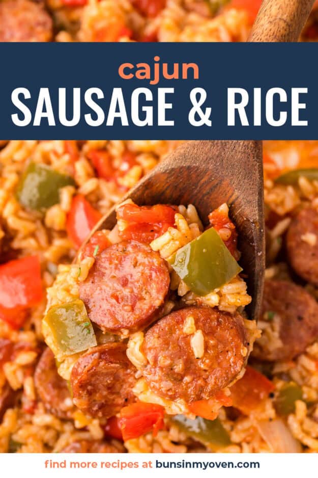 Sausage and rice in skillet.