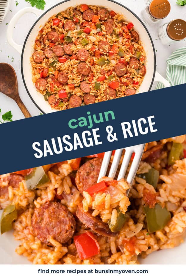 Collage of cajun sausage and rice in skillet.