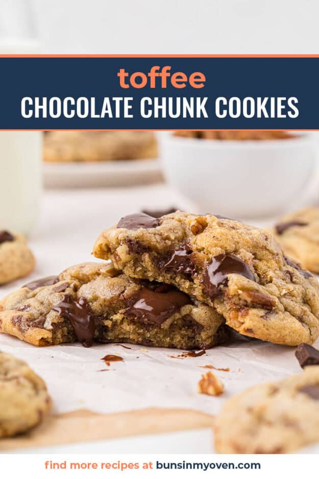 Chocolate chunk cookies on table.