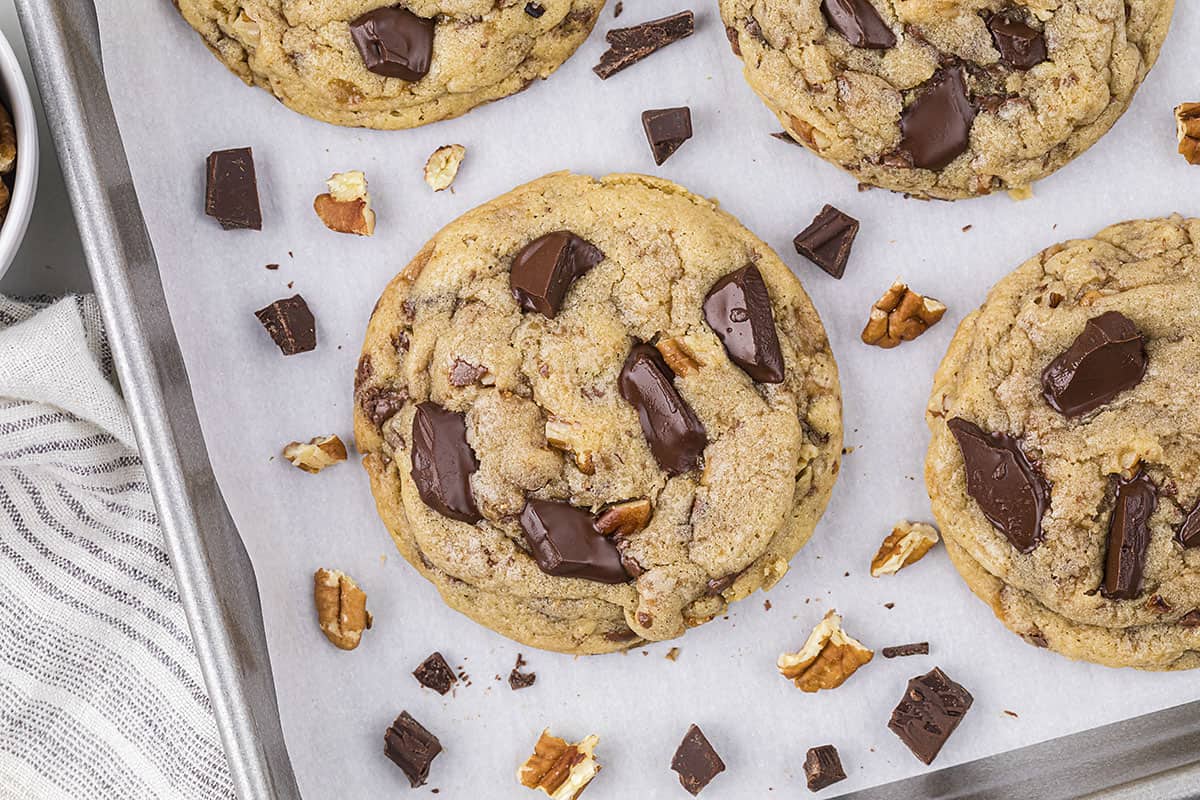 Baked toffee cookies on sheet pan.