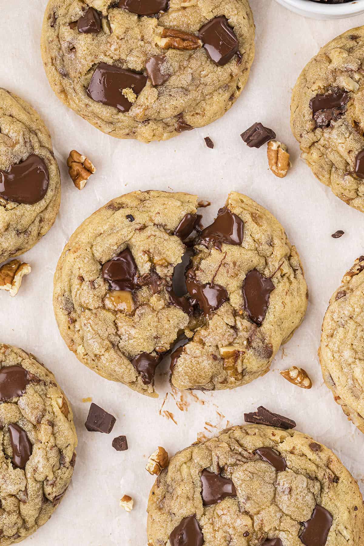 Toffee chocolate chip cookies on counter.