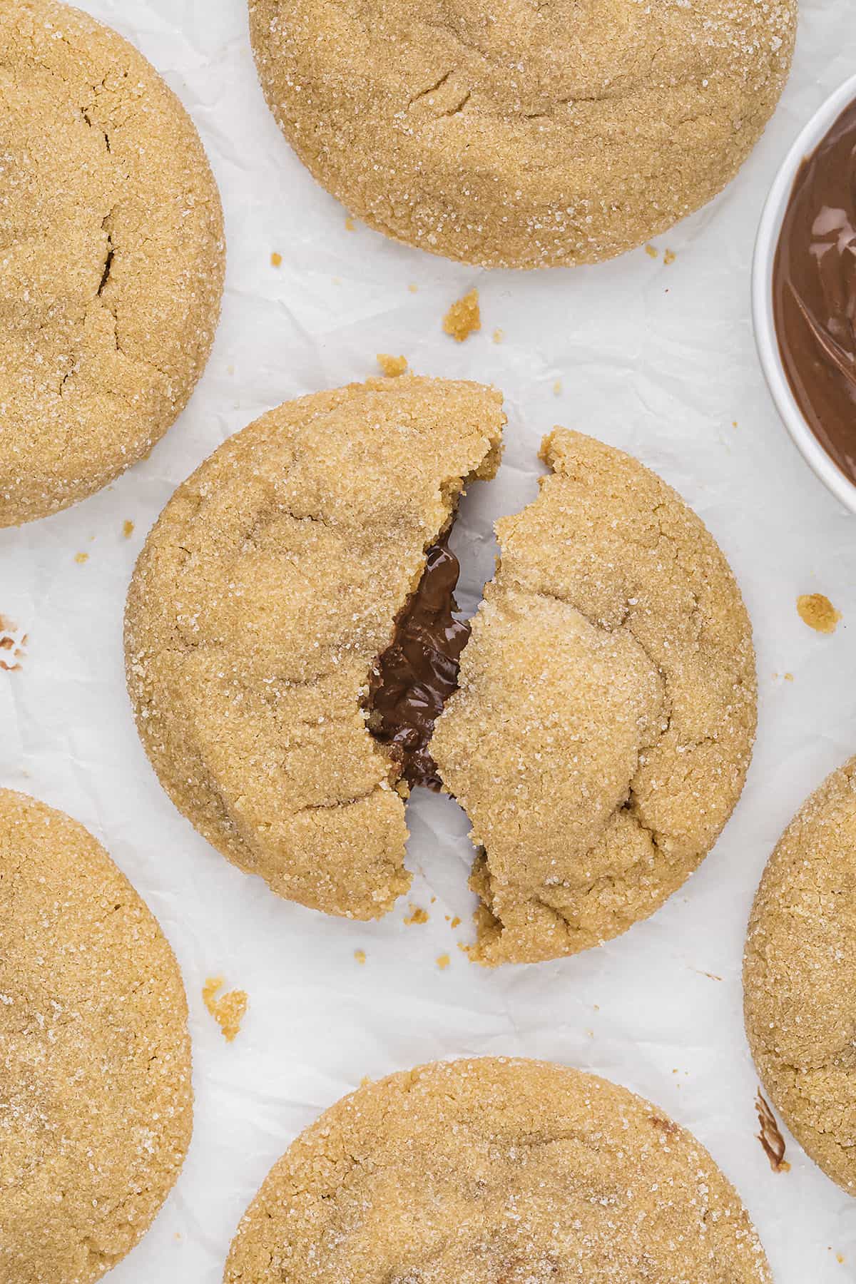 Overhead view of Nutella stuffed cookie.