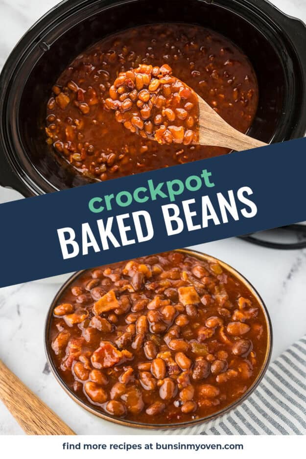 Collage of slow cooker baked beans images.