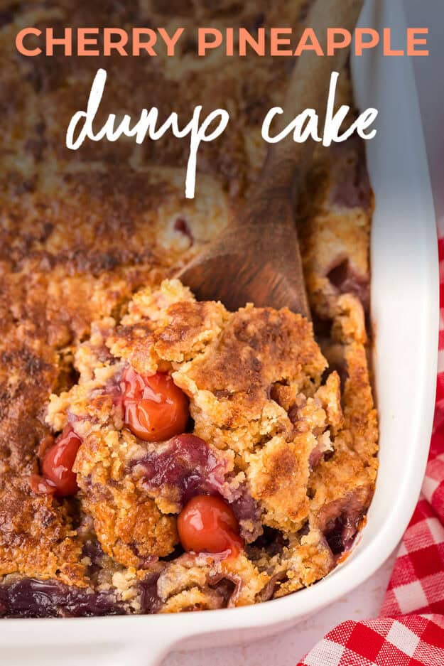 Dump cake on wooden spoon in baking dish.