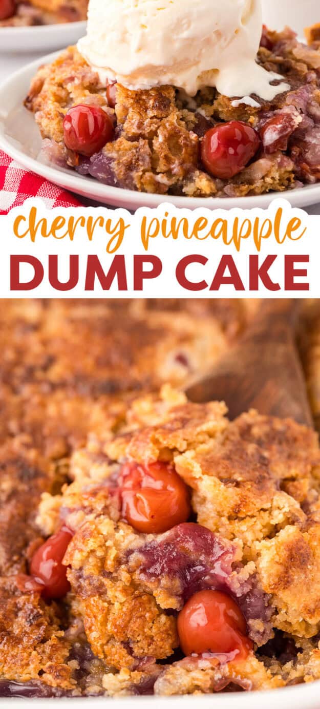 Collage of pineapple cherry dump cake images.