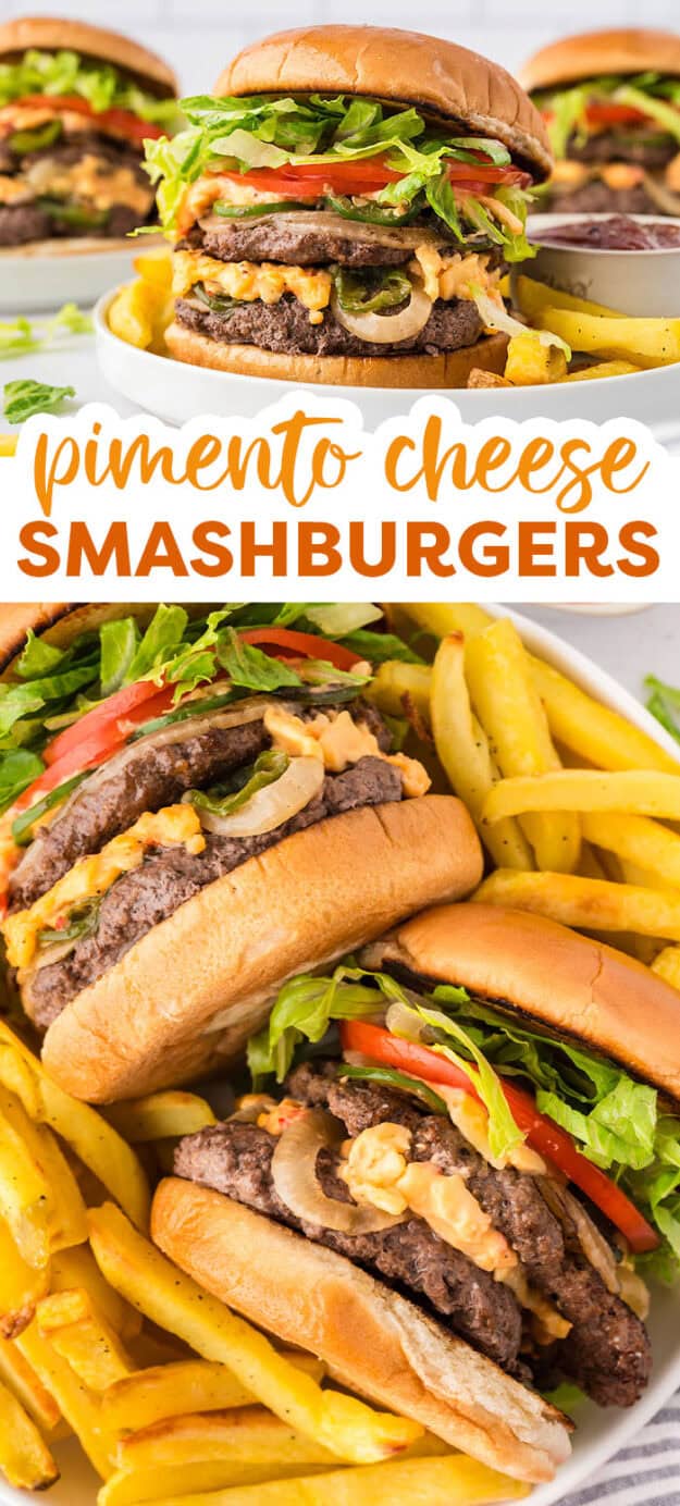 Collage of pimento smash burger images.