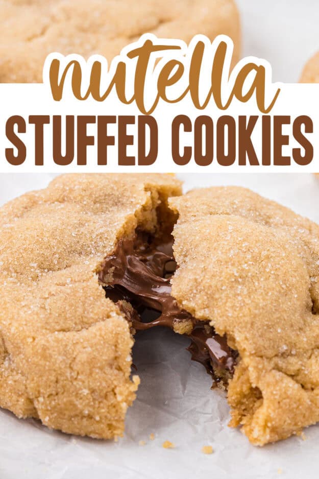 Nutella stuffed cookie cut in half.