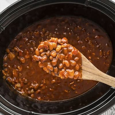 Thick baked beans in crockpot.