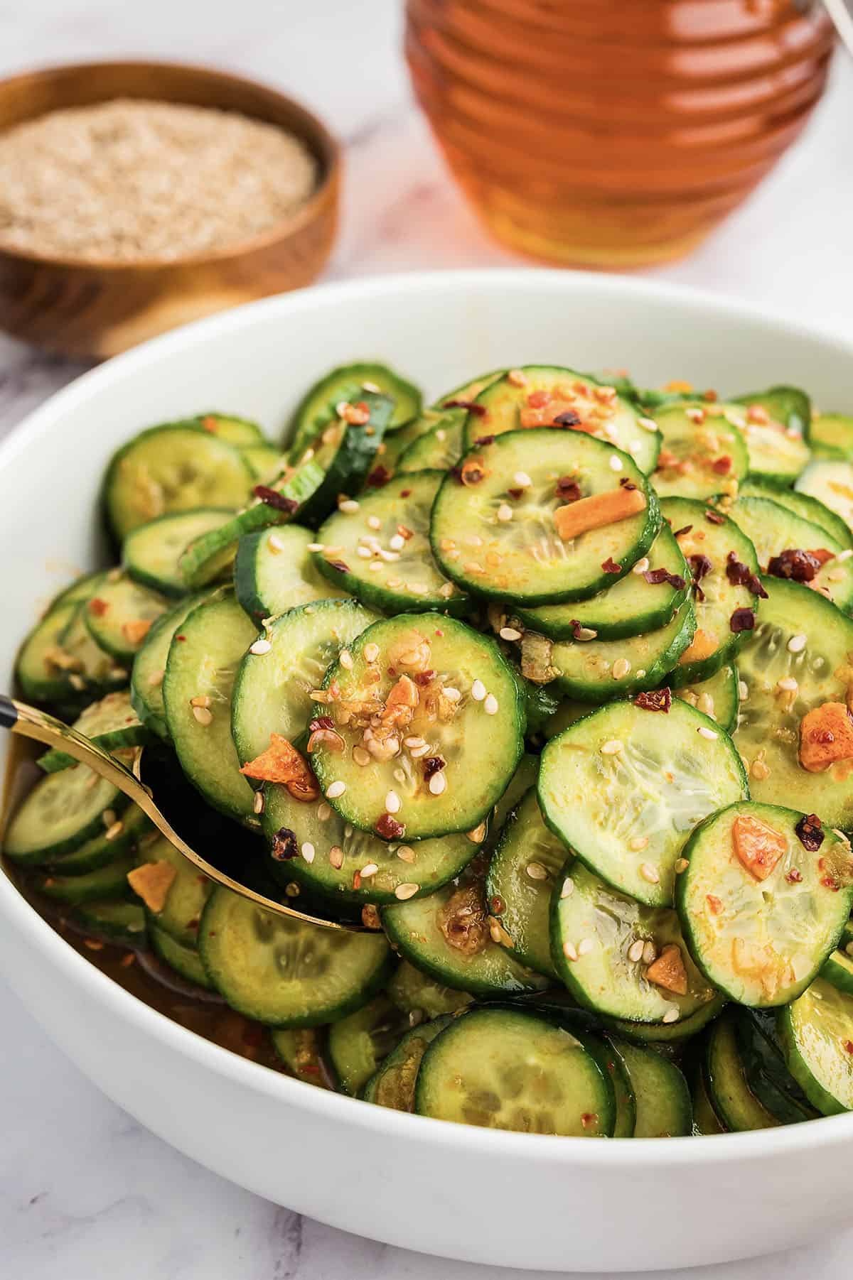 Asian cucumber salad in bowl.