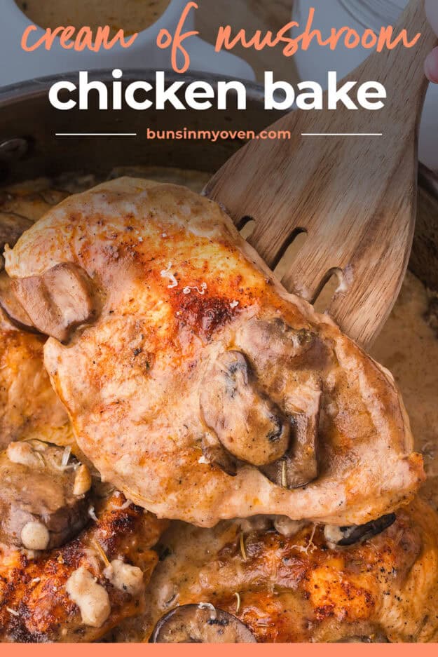 Cream of mushroom chicken on wooden spatula.