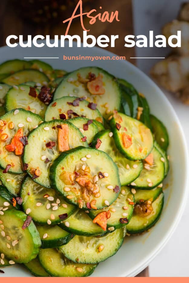 Cucumber salad in white bowl.