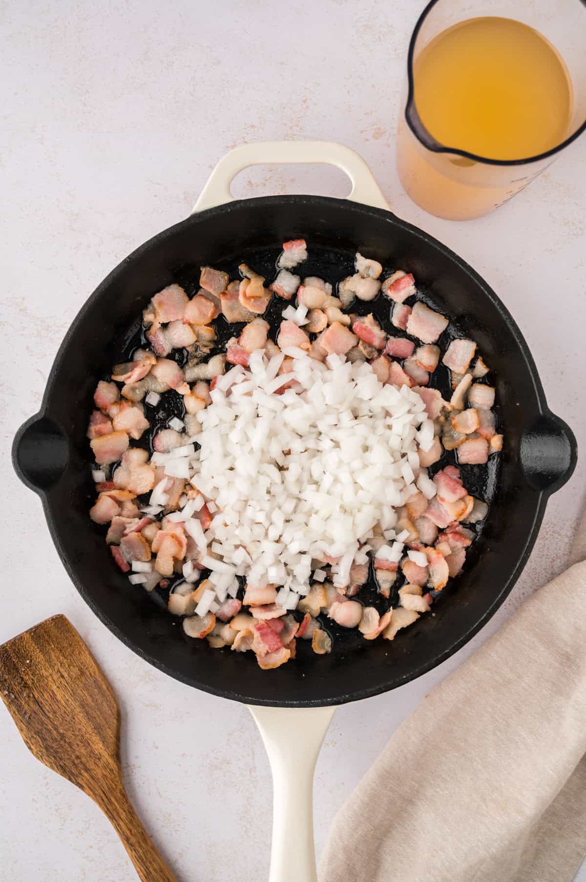 bacon and onion in skillet.