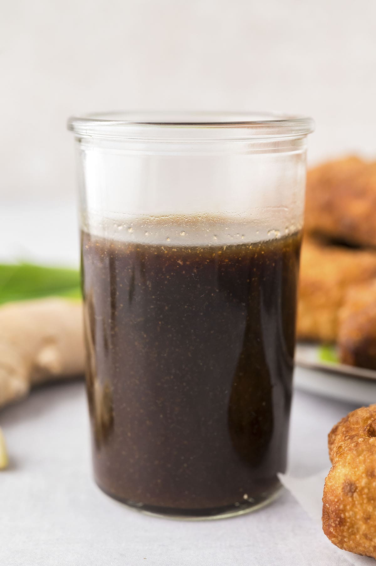 Egg roll sauce in glass jar.