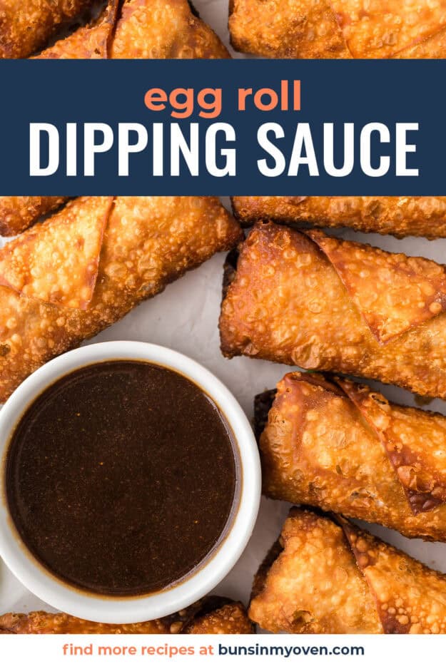 Egg rolls and dipping sauce on plate.