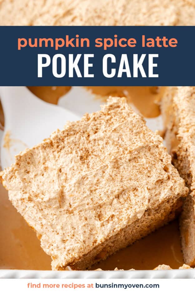 Pumpkin poke cake in baking dish.