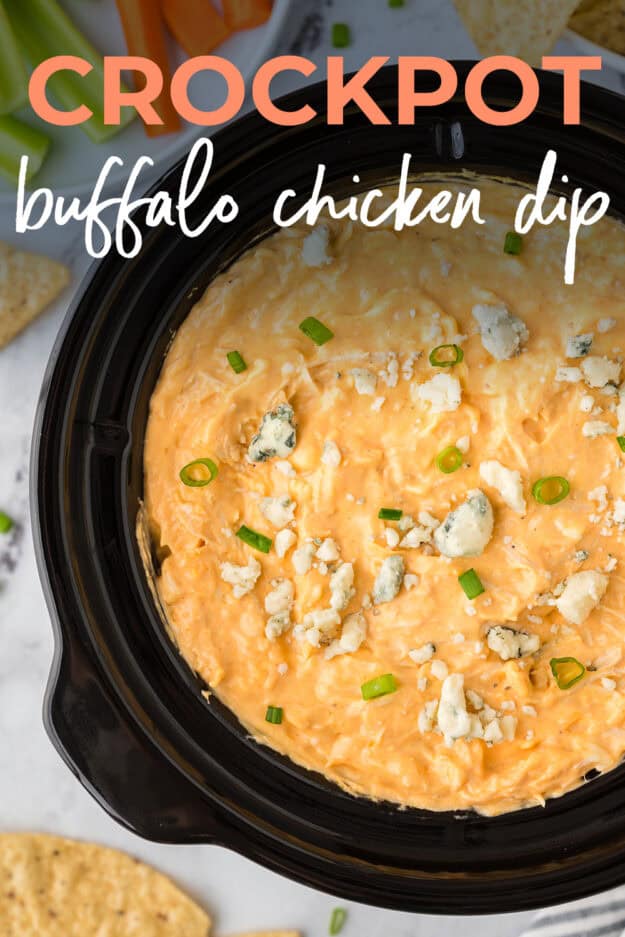 Buffalo chicken dip in slow cooker.