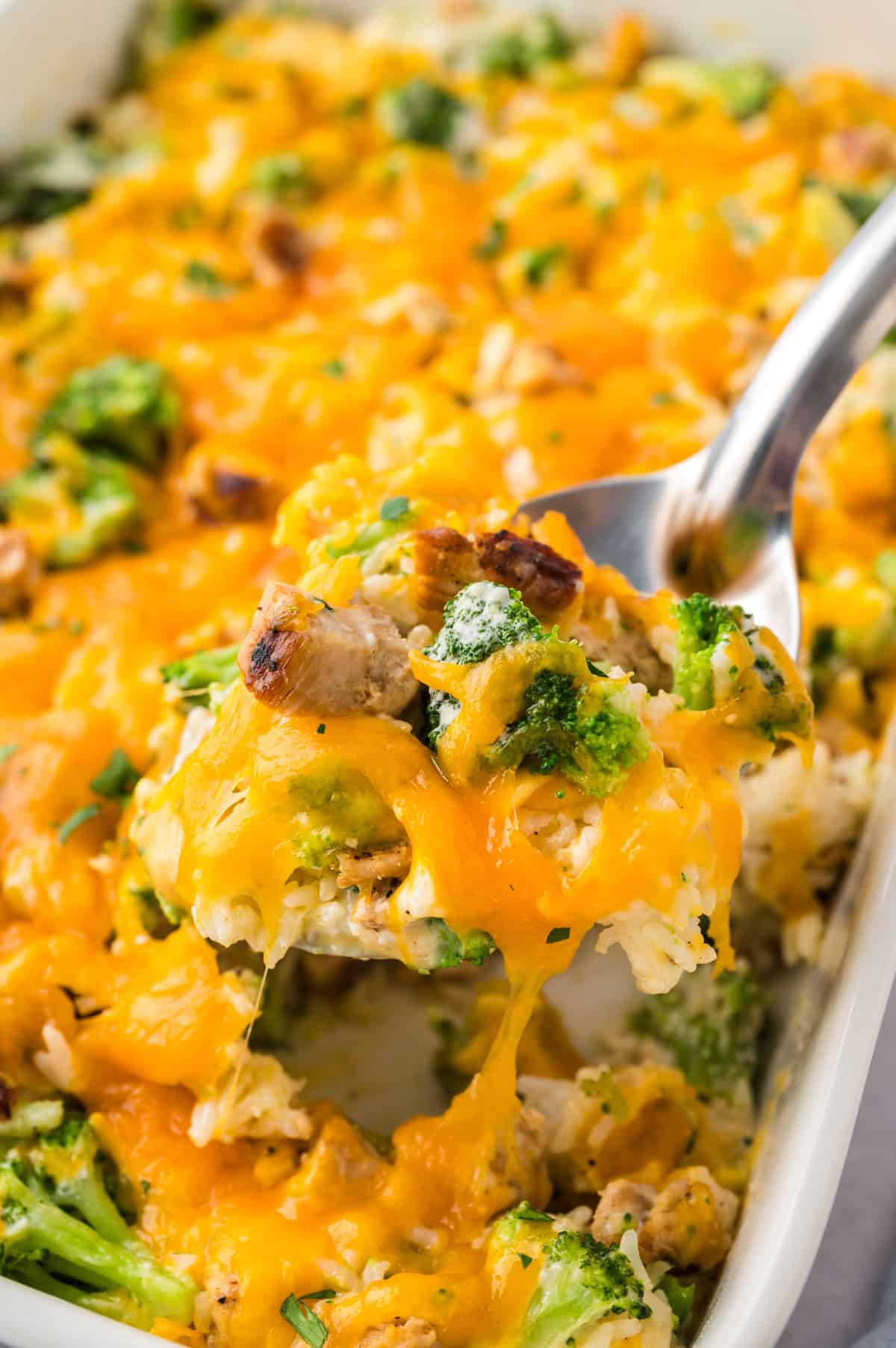 Cheesy baked chicken broccoli rice casserole.