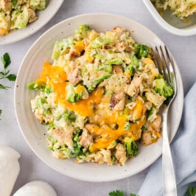 Plate full of chicken broccoli casserole.