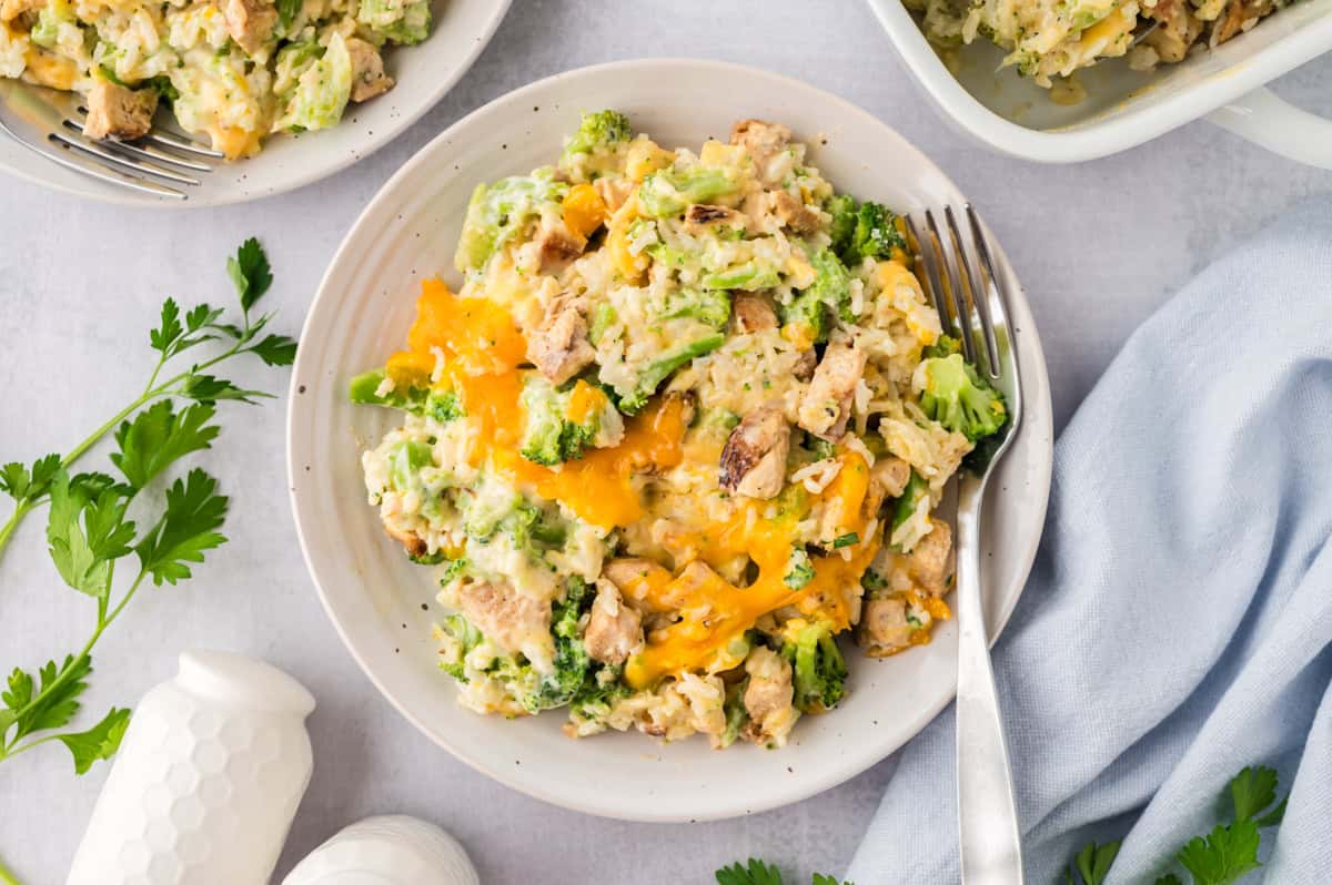 Plate full of chicken broccoli casserole.