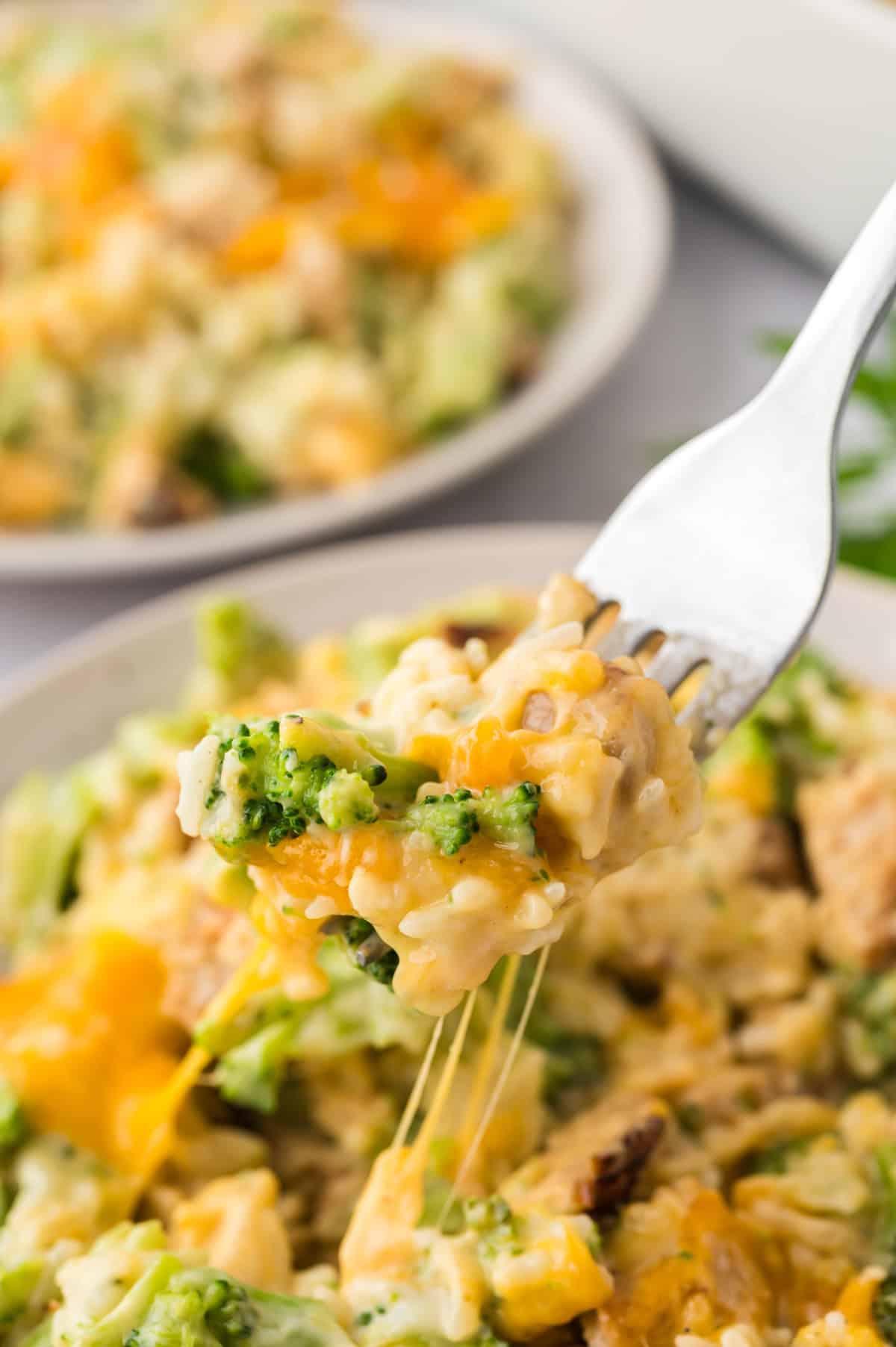 Forkful of chicken broccoli casserole topped with cheese.