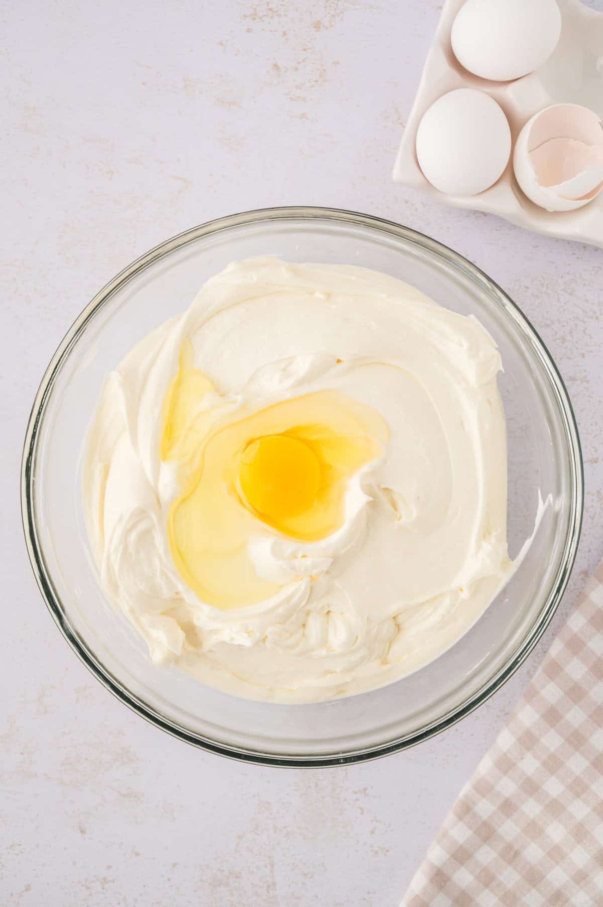 Cheesecake batter in mixing bowl.