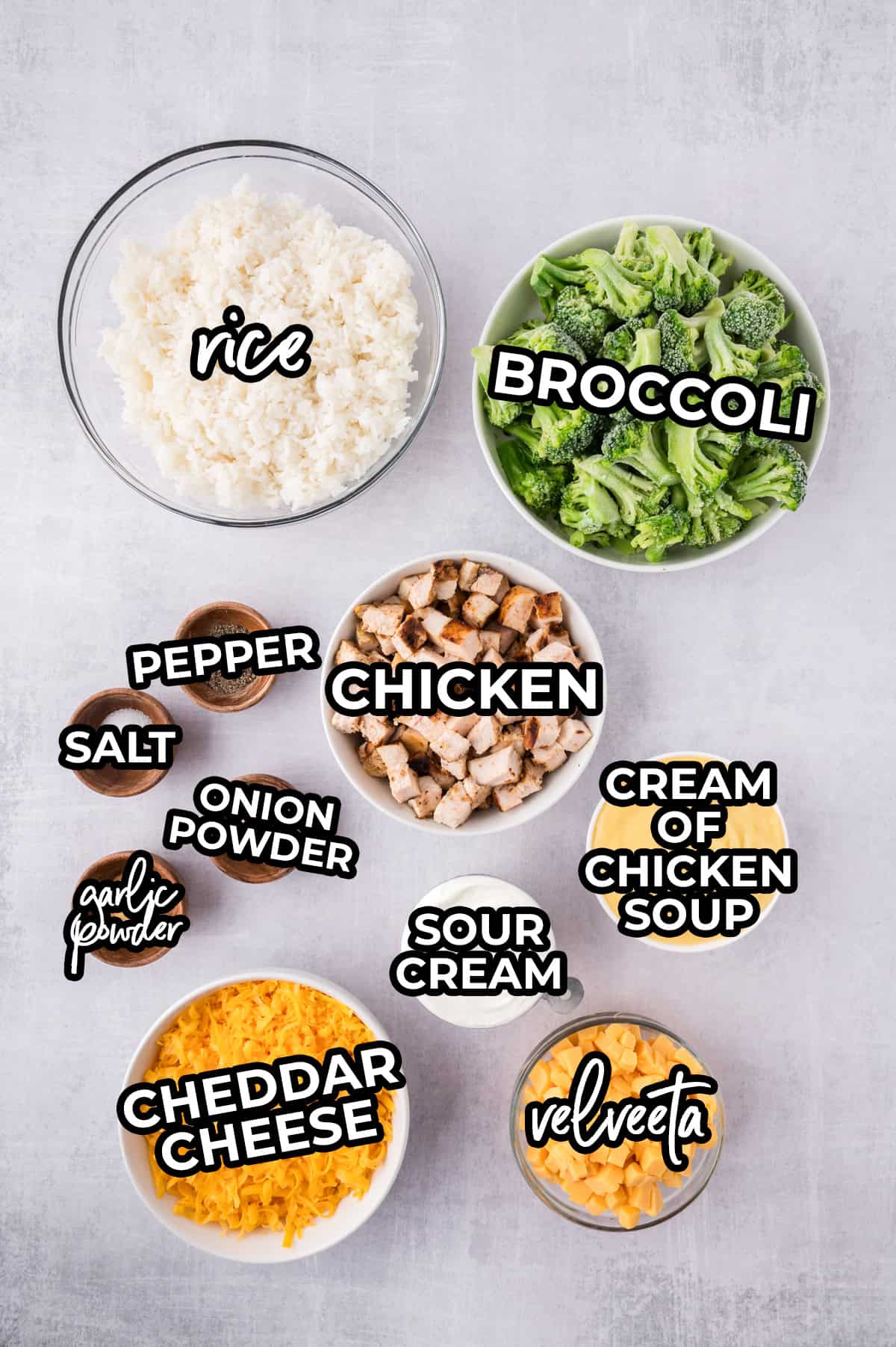 Ingredients for chicken broccoli rice casserole laid out on counter.