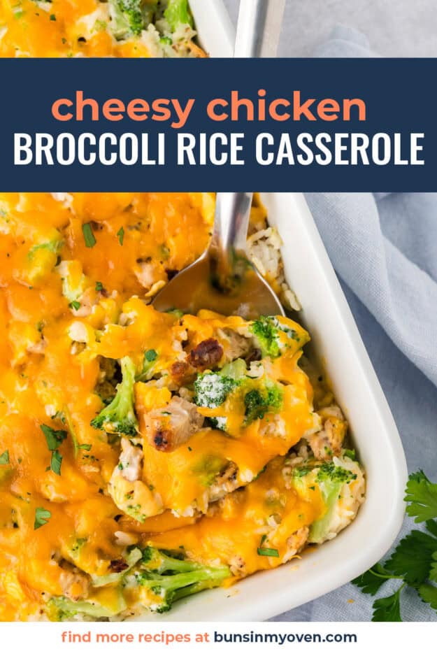 White baking dish full of chicken broccoli casserole.