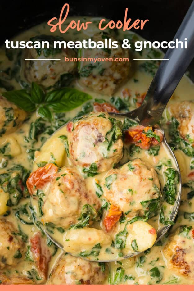 Slow cooker Tuscan chicken meatballs and gnocchi on ladle.