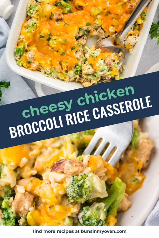 Collage of chicken broccoli rice casserole images.