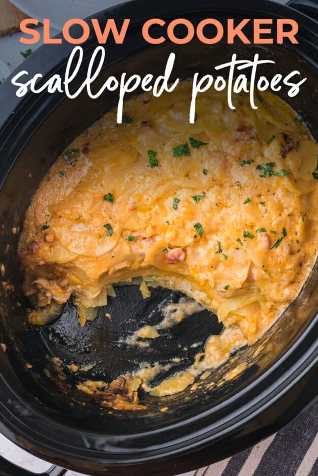 Slow cooker scalloped potatoes in crockpot.