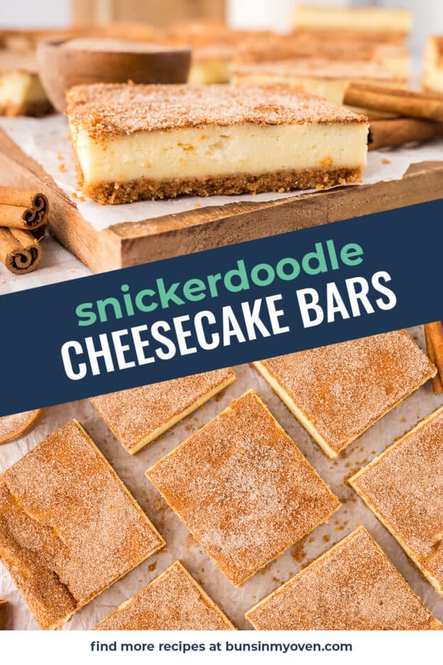 Collage of snickerdoodle cheesecake bars.