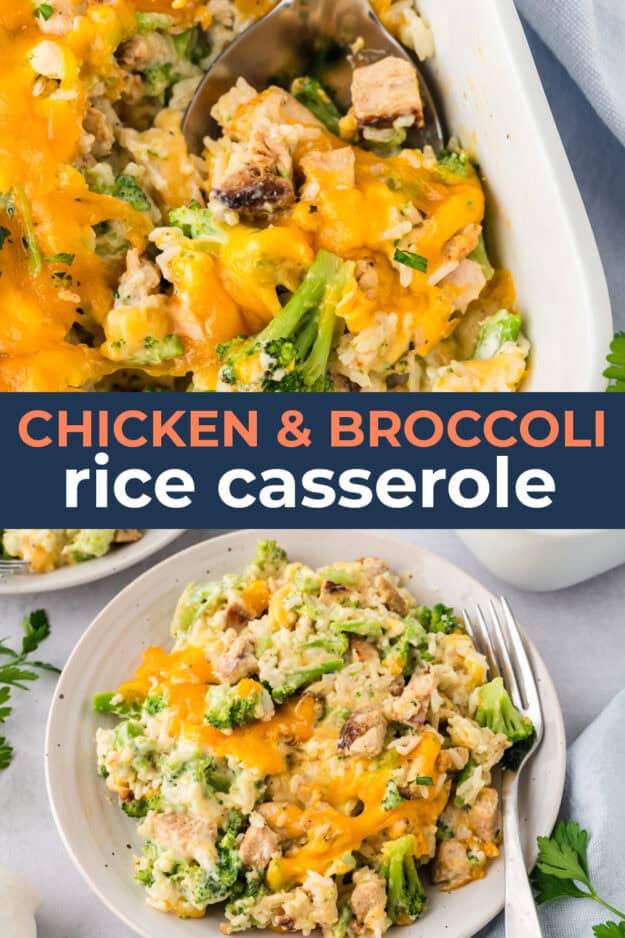 Collage of cheesy chicken broccoli rice casserole images.