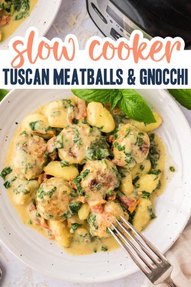 Tuscan chicken meatballs and gnocchi on white plate.