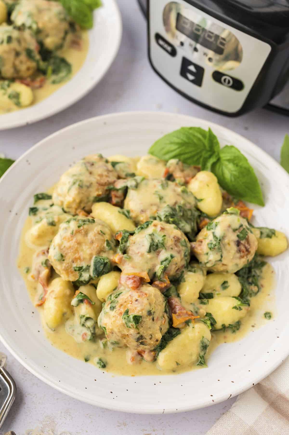 Plate full of chicken meatballs with gnocchi.