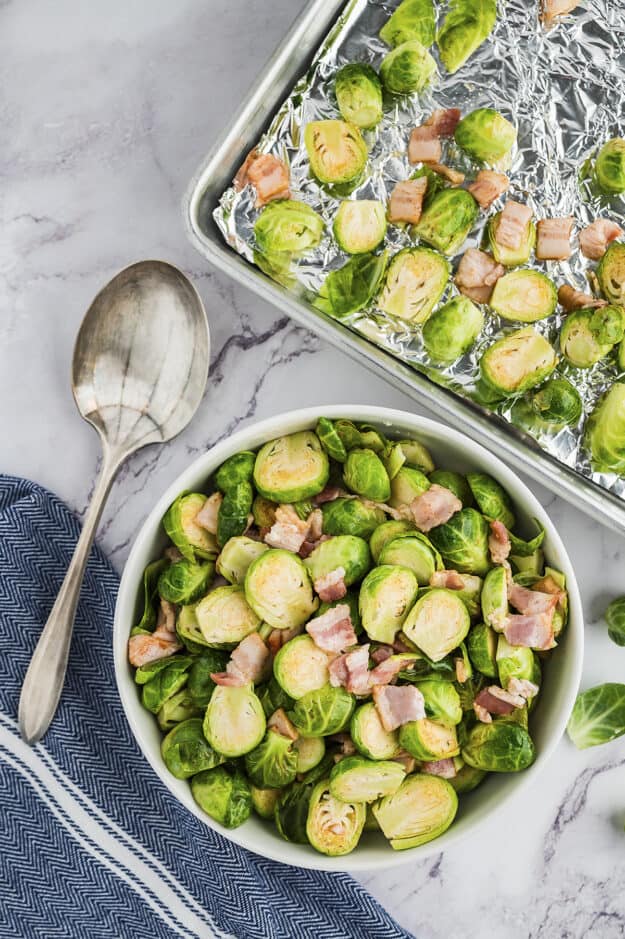 Ingredients for bacon roasted Brussel sprouts in bowl.