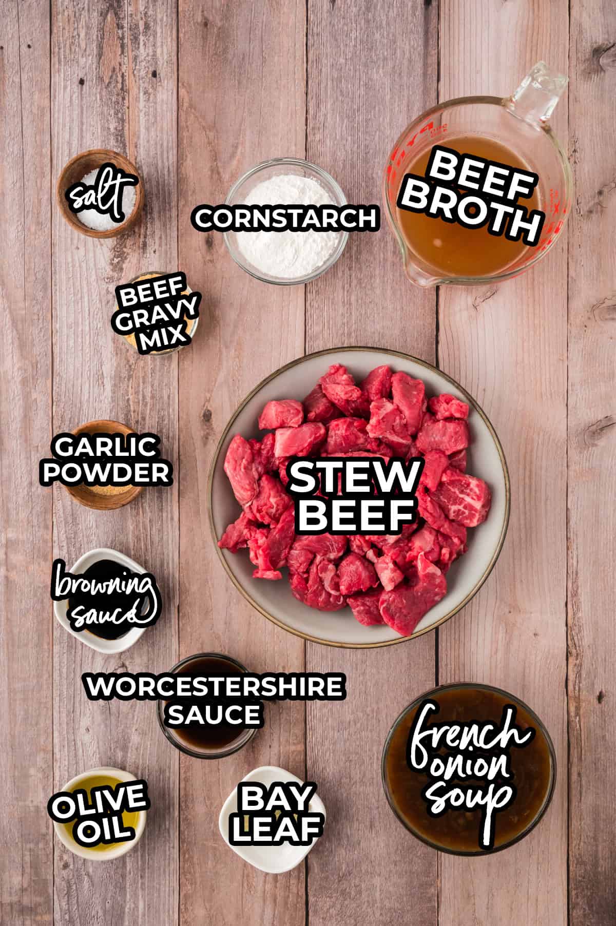 Ingredients for beef tips and gravy in a crockpot.