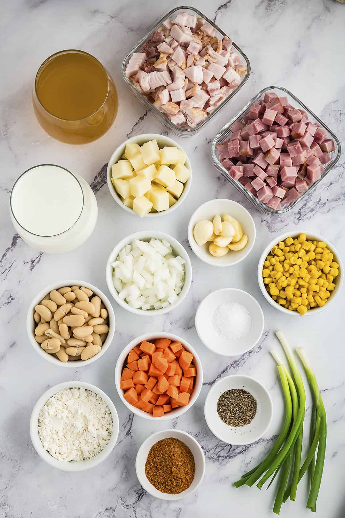 Ingredients for ham and corn chowder.