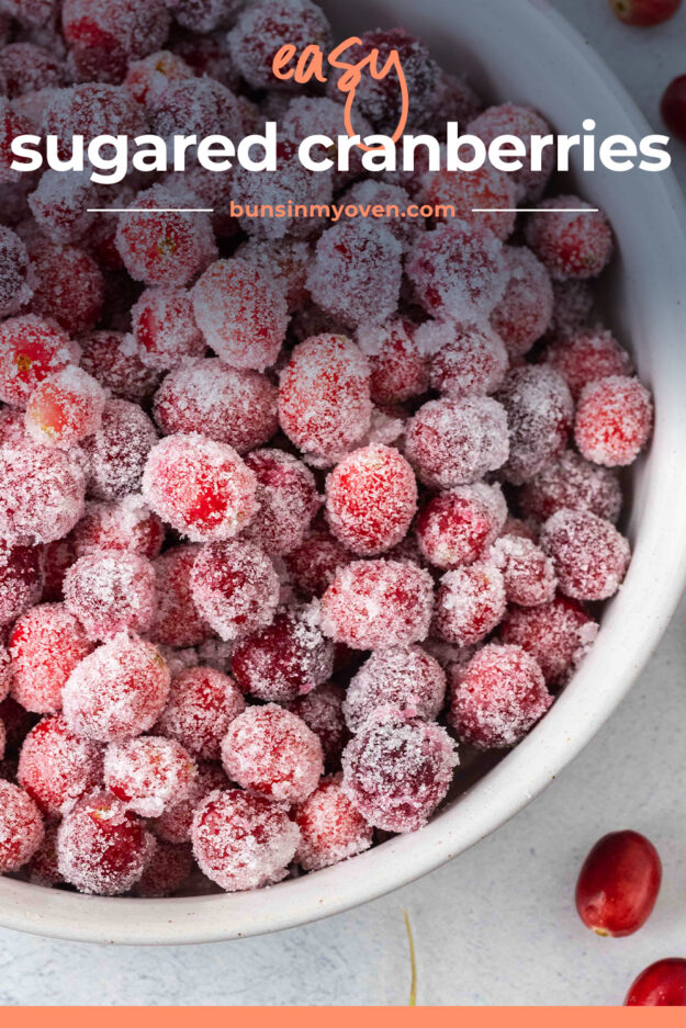 Candied cranberries in white dish.