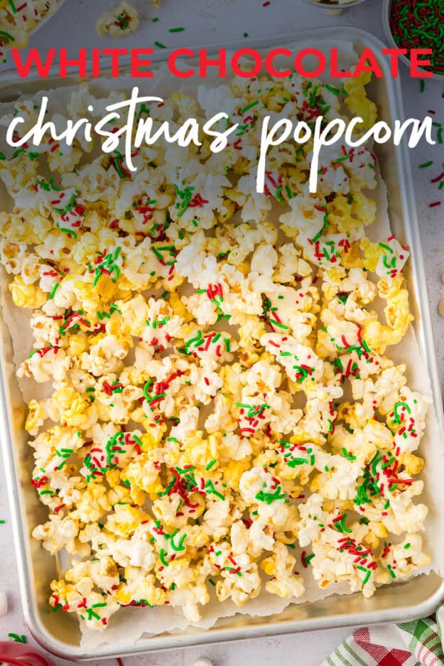 Christmas popcorn on sheet pan.