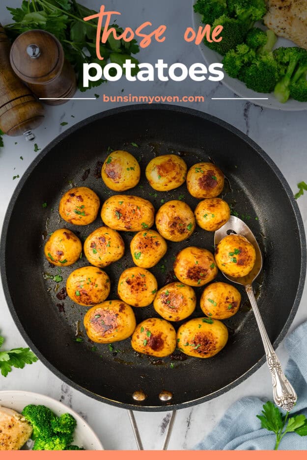 Skillet full of browned potatoes.