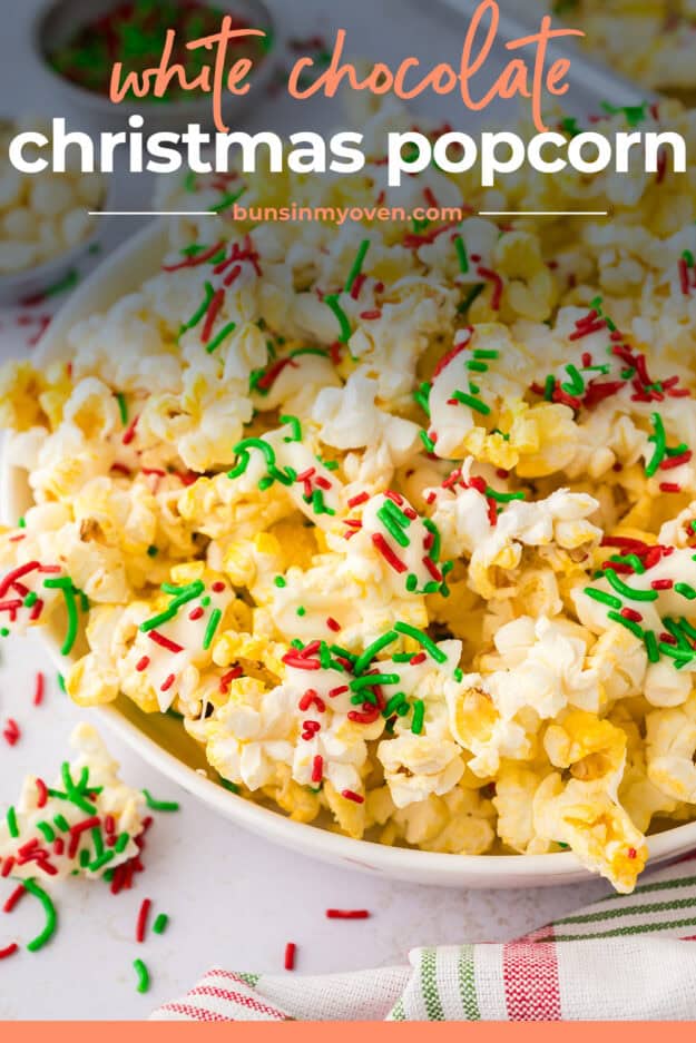 Bowl full of white chocolate popcorn.