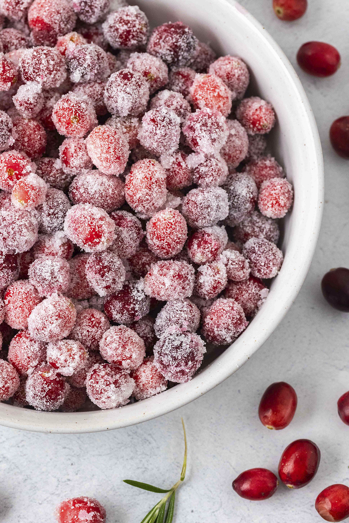 Bowl full of sugared cranberries.