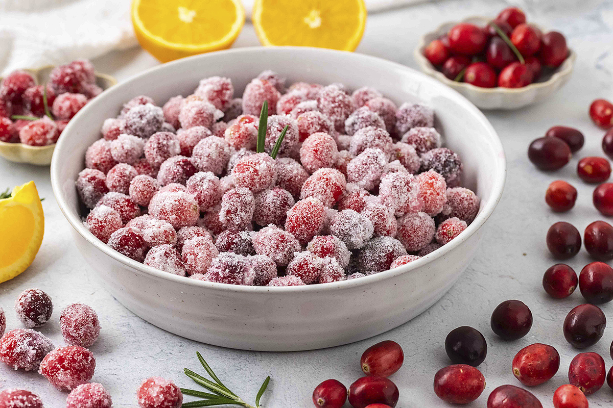 Bowl full of sugared cranberries.